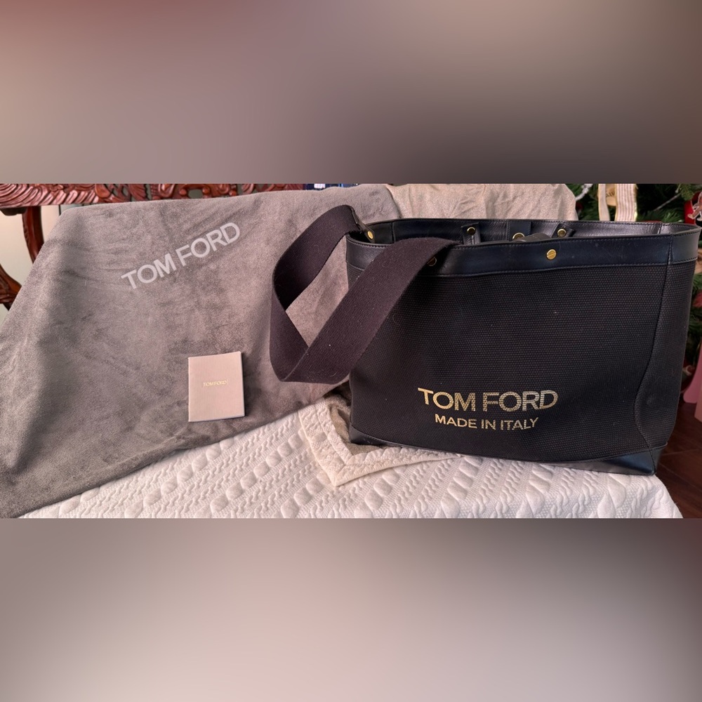 Authentic Tom Ford Black Canvas Tote with Gold Logo Detail and dust bag!